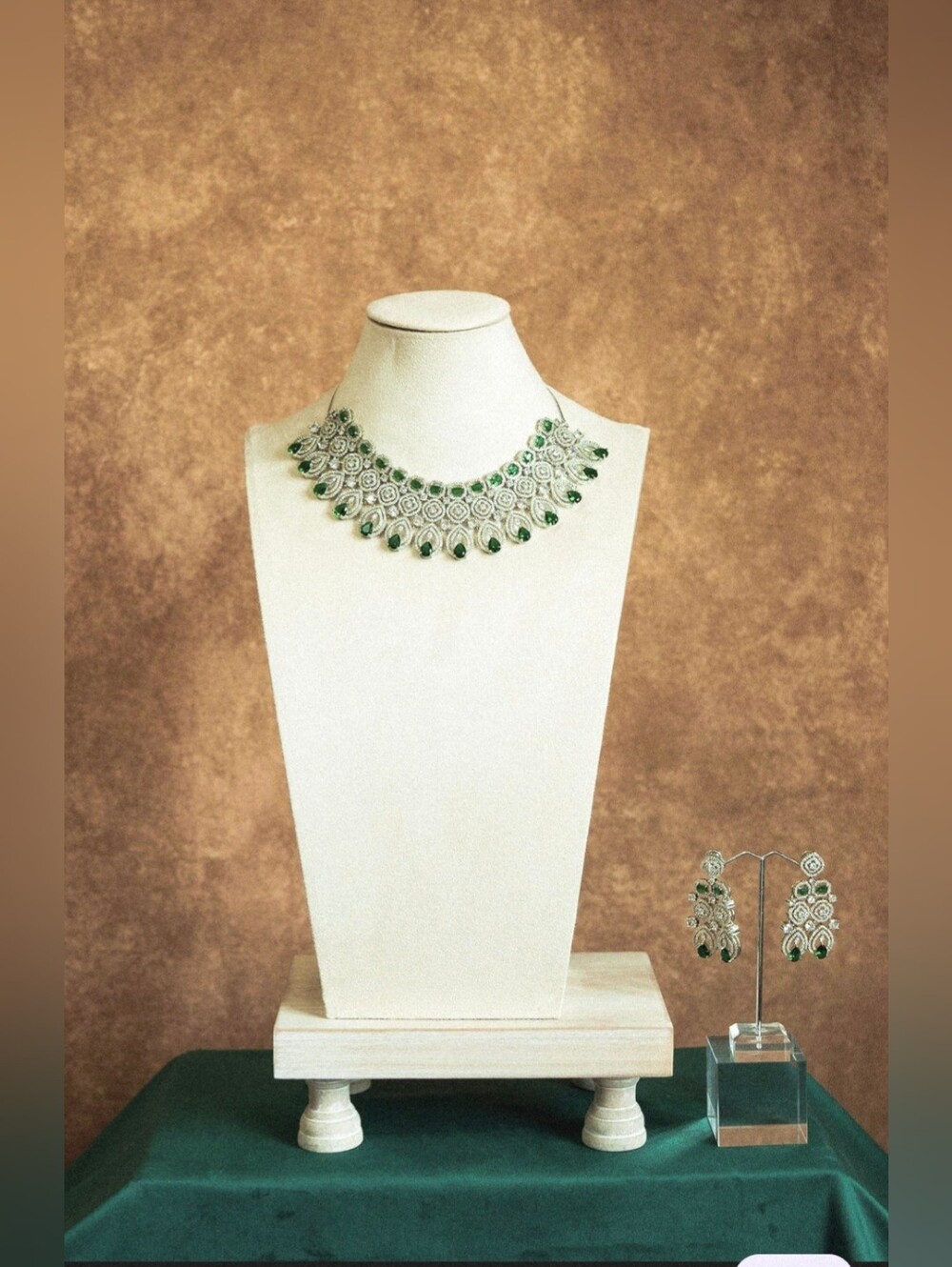 Crystal Green Teardrop Statement Necklace and Earring Set.Brand Sama Heritage